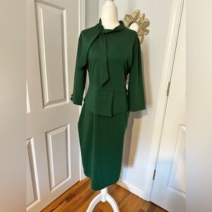 Vintage style forest green dress with peplum and neck tie details